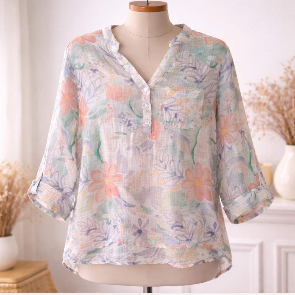 Charlie B Floral Gauze Cotton Blend Roll Sleeve Blouse